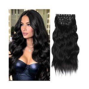 Vigorous Womens 20" Black Synthetic Clip-In Hair Extensions 6pcs Set Long Wavy